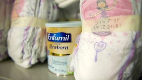 Packages of baby formula and diapers